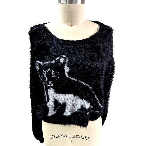 Guess Los AngelesFuzzy Crop Cat Kitten Sweater Black/White Women M - Picture 1 of 5